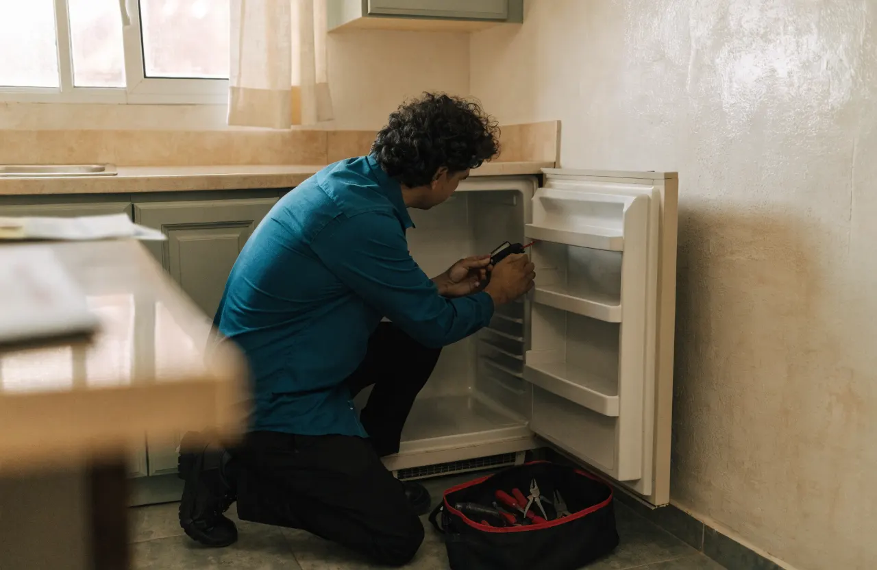 Técnico revisando una nevera abierta en la cocina de una casa.